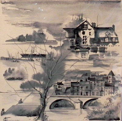 Aquarelle de Fabienne Quinsac (vue du Loiret ?)