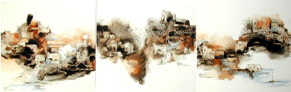 Triptyque technique mixte (gourdon et aquarelle) - Fabienne Quinsac