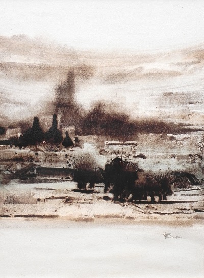 Brume matinal, oeuvre au goudron de Fabienne Quinsac