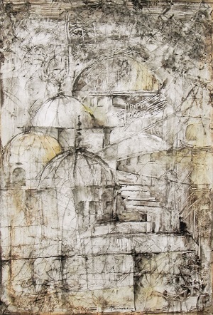 Coupoles (2), tableau au goudron de Fabienne Quinsac