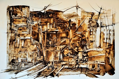 Tableau au goudron de Fabienne Quinsac (collection prive)